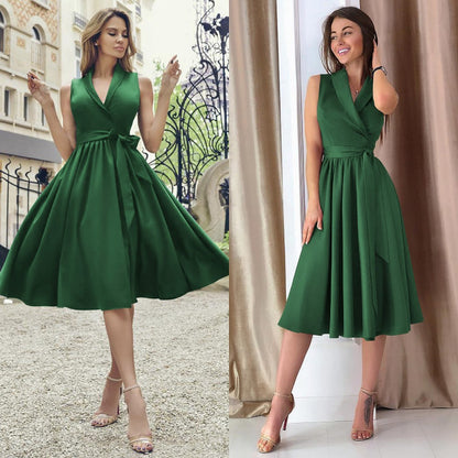 Dies Midi Dress Casual Sleeveless Belt Female Dress