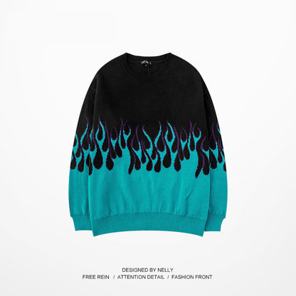 Printed Flame Loose Knit Sweater Men